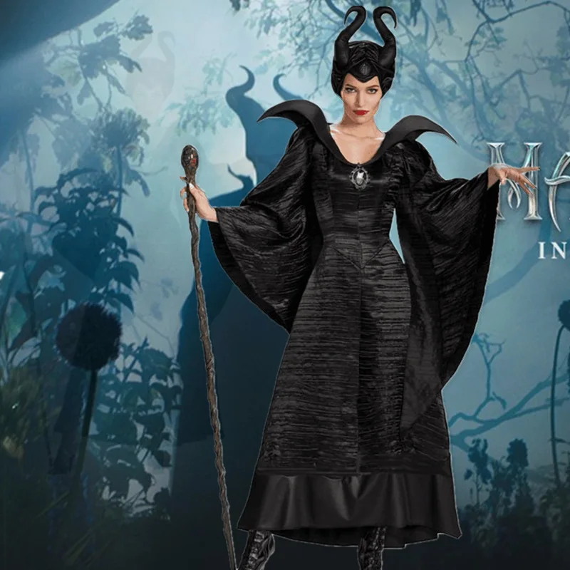 S-2XL Halloween Raganu Maleficent, Sleeping Beauty Filmu Kostīmu Pieaugušām Sievietēm Ļauno Kleita Ragu, Cepure, Apģērbs, Cepure, Ķivere Kapuci Bārs