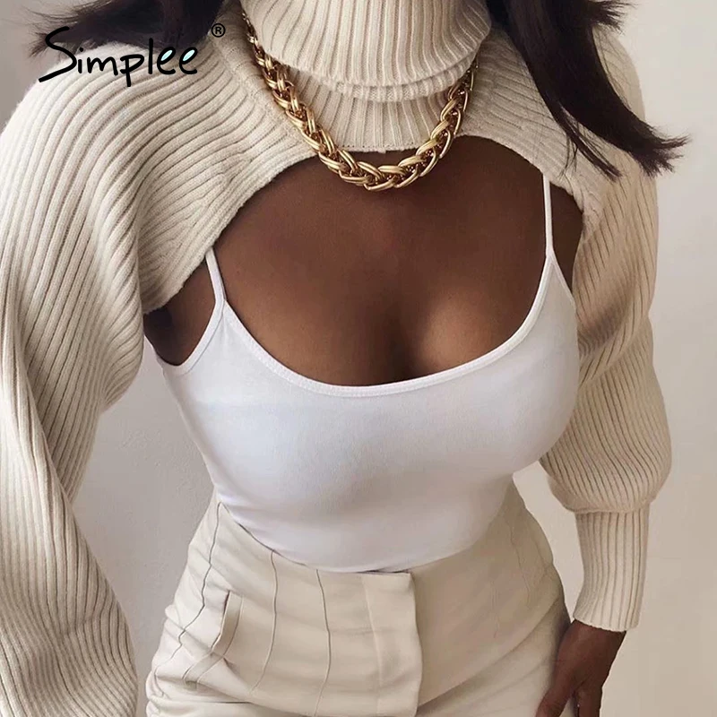 Simplee Seksīgu augsta apkakle sieviešu adīšanas džemperis nav kabata Laternu Piedurknēm Balts Džemperis Naktsklubs stila džemperis Rudens 2020