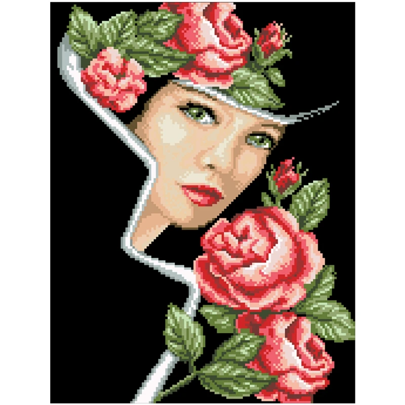 Rozes mīļākais cross stitch pakete skaistumu sieviete, meitene 18ct 14ct 11ct melns audums kokvilnas diegu izšuvumi DIY roku darbs, rokdarbi