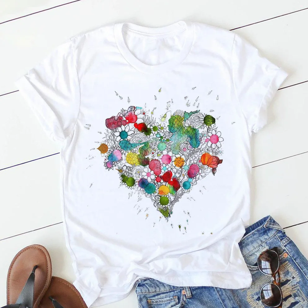 Sieviešu T-krekls Vasaras Rozā Sirds Ziedu Drukāt Pamata O-veida Kakla T-krekls Meitene Dāmas Streetwear Harajuku T-krekls Kawaii Grafikas Tees