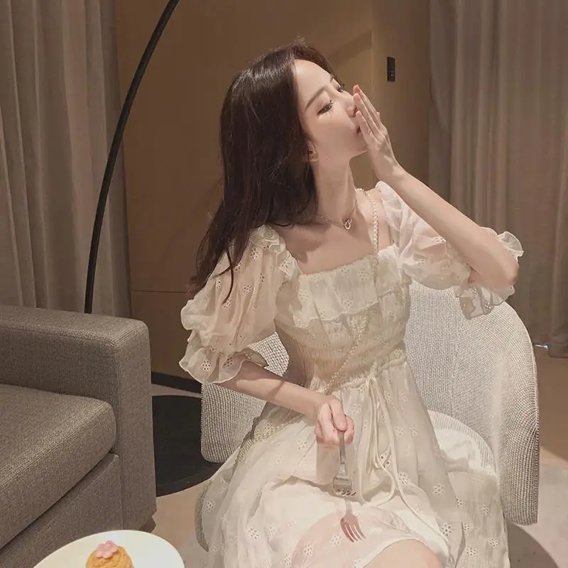 Franču Vasaras Kleita Sievietēm White Puff Piedurknēm Korejiešu Stilā Pasaku Kleitu Mežģīnes, Šifons Japānas Stila Kawaii Elegants Vintage Kleita 2020