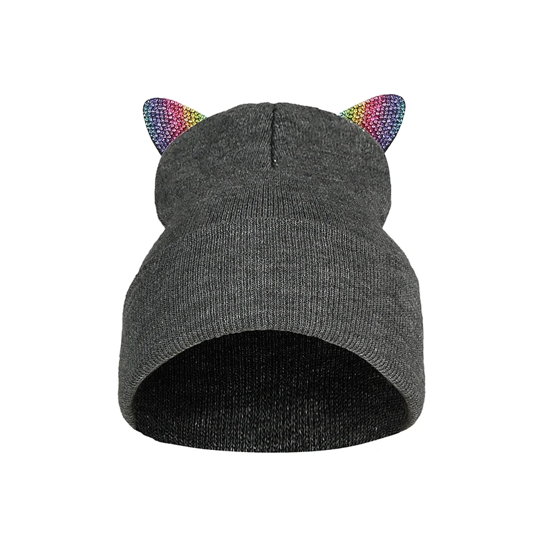 Krāsains rhinestone rudens ziemas beanies kaķa auss elastību cepuri sieviešu cepure stylise earmuff skullies un beanies akrila cepure