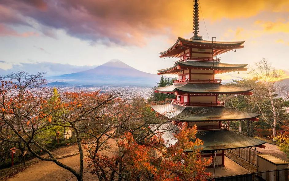 Āzijas Pils Arhitektūras Pagoda Kalnu Koku Fuji Japāna fotogrāfijas fons Datoru, drukas gleznainā fonu