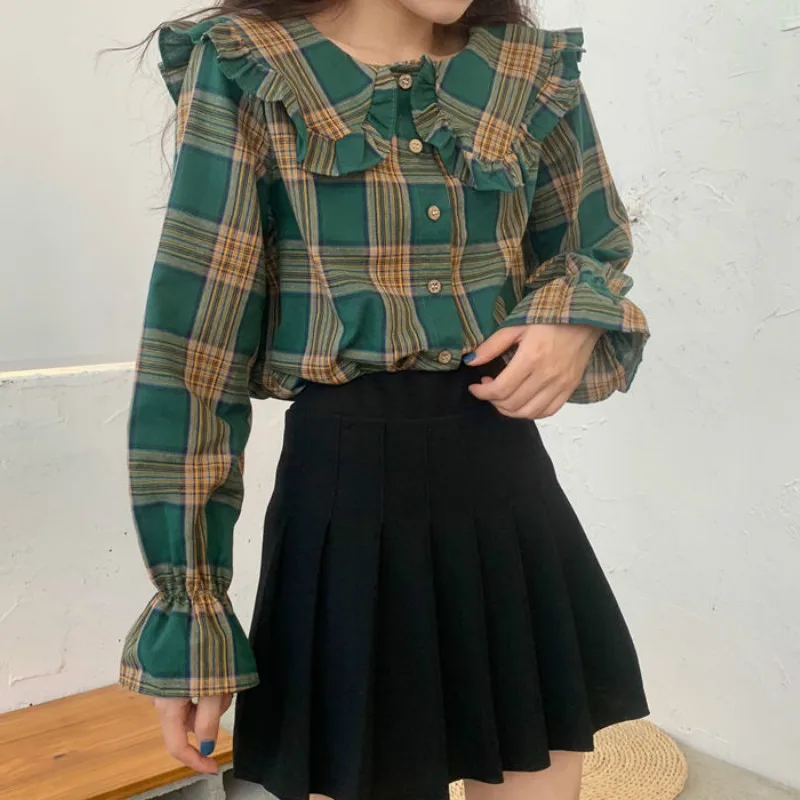 Deeptown Korejiešu Stilā Pleds Krekls Sieviešu Modes 2020. Gadam Savirmot Pogu Up Krekls Ar Garām Piedurknēm, Elegants Topi Brīvs Lelle Apkakles Blūze