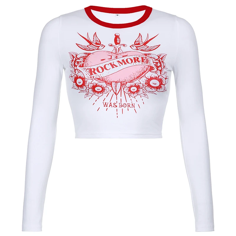 HEYounGIRL Drukāt Gadījuma Kokvilnas T Sieviešu Rudens Garām Piedurknēm Baltos Kultūraugu Top T Krekls Modes Dāmas Izdilis Tee Krekls Top