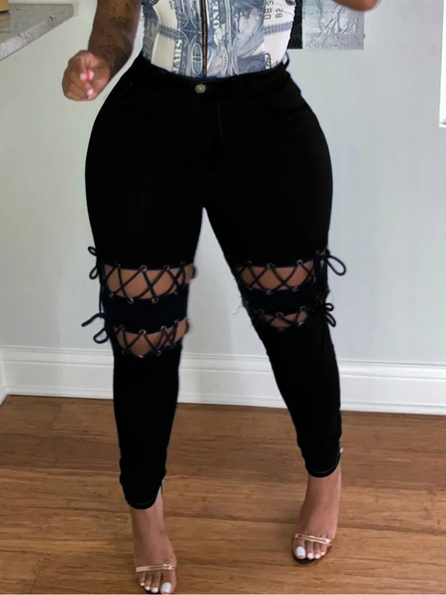 Ir 2021. jaunpienācēji Dāma Augstas Kvalitātes Vidū Vidukļa Džinsus Karstā Pārdošanas Sievietes Black Ripped Džinsi Plus Izmēru XL-5XL Skinny Džinsa Bikses