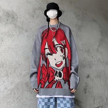 Aolamegs Anime Multfilmu Sarkani Mati Meitenes Galvaskauss Trikotāžas Džemperis Vīriešiem Ikdienas Džemperis Harajuku Hip Hop Koledžas Stila Džemperis Streetwear