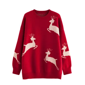 Ziemassvētku Elk Trikotāžas Džemperis Džemperis 2020 Rudens Ziemas Apaļu Kakla Garām Piedurknēm Gadījuma Lielajam Pāriem, Draugiem Pull Femme