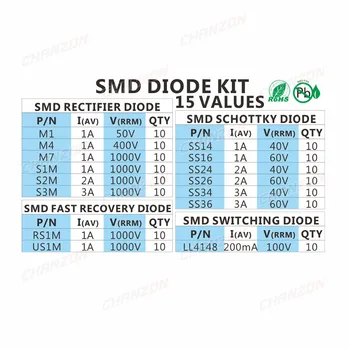 SMD Ātra Pārslēgšanās Schottky Diode Nažu Komplekts Komplekts (M1 M4 M7 S1M S2M S3M SS14 SS16 SS24 SS26 SS34 SS36 RS1M US1M LL4148)