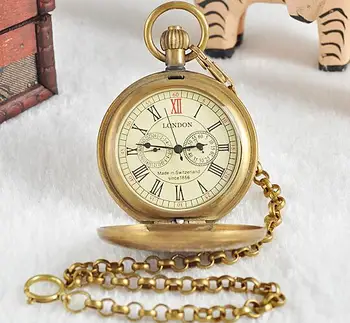 Unisex Zelta Vintage Retro Skatīties Vīrieši Sakausējuma, Mehāniskā Kabatas pulkstenis Ar Metāla Ķēdi Steampunk Skatīties Romiešu PJX1040