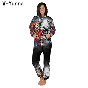 W-Yunna Galvaskausa Drukāt Kapuci Onesie Sieviešu/vīriešu Harajuku Zaudēt Modes Combinaison Pyjama Onepiece Pieaugušo Cosplay Halloween Jumpsuits