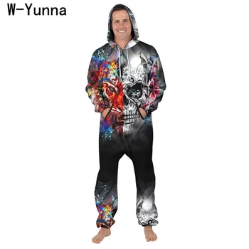 W-Yunna Galvaskausa Drukāt Kapuci Onesie Sieviešu/vīriešu Harajuku Zaudēt Modes Combinaison Pyjama Onepiece Pieaugušo Cosplay Halloween Jumpsuits