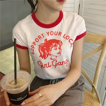 Atbalsts vietējo meiteni banda izšūšanas jautri Kokvilnas O-veida kakla šiks slim īsām piedurknēm modes karikatūra sieviešu Harajuku t-krekls
