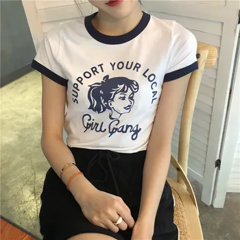 Atbalsts vietējo meiteni banda izšūšanas jautri Kokvilnas O-veida kakla šiks slim īsām piedurknēm modes karikatūra sieviešu Harajuku t-krekls