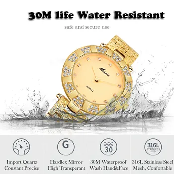 MISSFOX Rhinestone Kristāla Sievietes Kleitu Skatīties Luksusa Analog Ūdensizturīgs Zelta Kvarca Dāmas Rokas Aproce Pulksteņi Dāvanu reloj mujer