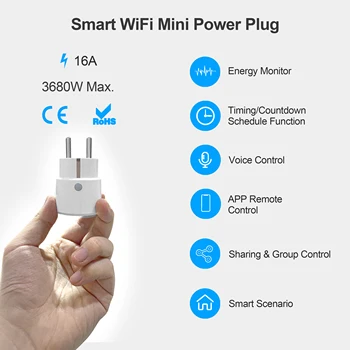 Mini ES Smart Plug Wifi Ligzda 16A ar Enerģijas Monitoru TuyaSmart App/Balss/Laiks Tālvadības pults Darbojas ar Alexa, Google Home