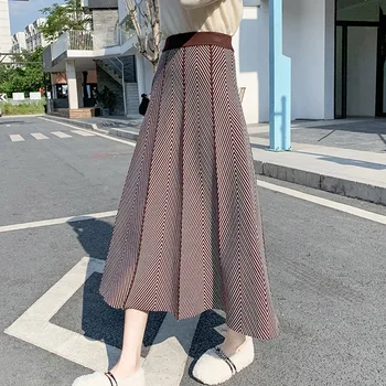 Zoki Eleganta Trikotāžas Sieviešu Svārki Modes Svītrainām Līnijas Dāmas Midi Svārki Elastīgi Augsta Vidukļa Korejas Rudens Ziemas Faldas Mujer