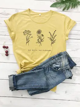 Vasaras, Nav Lietus Nav Ziedi T-Krekls Modes Gadījuma Dāmas Dzelteno krāsu Bites Ziedi Tee Īsām Piedurknēm bez nokrišņiem Saukli Grunge Topi