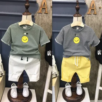 Zēni Gadījuma Modes Svītrainām Komplekti Bērniem Treniņtērpi Clothins Bērniem Svītrains T Krekls+caurums Ripped Šorti Komplekti 2gab Sporta Apģērbi