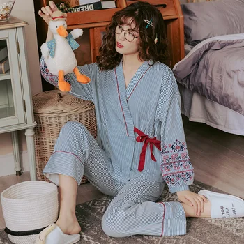 Japāņu stila Pidžamu Sieviešu svītru Sleepwear Sieviešu Kokvilnas Cute Meitenes Zaudēt Pyjama Femme Mājās Valkā Liela Izmēra Kimono Pijama