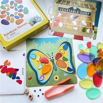 Montessori Varavīksnes Pārredzamu Oļi Jenga Kids Izglītojošās Rotaļlietas Plastmasas Akmeņiem Kraušanas Spēli Baby Maņu Krāsu Šķirošanas Rotaļlietas