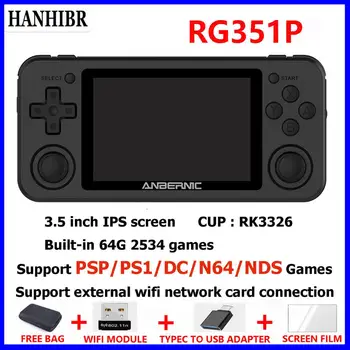 HANHIBR RG351P Retro Spēļu Konsoli RK3326 64G Atvērtā koda Sistēma, kas PS1Video Spēli Rokas 3.5 collu IPS Ekrāns Spēle Atskaņotājs psp rg350p