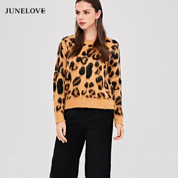 JuneLove sievietes Sexy leopard trikotāžas džemperis ziemas sieviešu garām piedurknēm apkakli džemperis dāmas plus lieluma Gadījuma streetwear topi