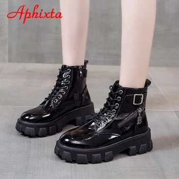 Aphixta 5cm Papēža Platformas Sievietes Potītes Zābaki Augstuma Palielināšana Mežģīnes-up Zip & Sprādzes Apavi Ziemas Apavi, Sieviešu Papēžiem Kurpes Sieviete