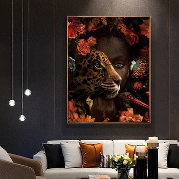 Āfrikas Mākslas Melnā Sieviete Tiger Rožu Putnu Eļļas Glezna uz Audekla Cuadros Plakāti un Izdrukas Sienas Mākslas Aina Dzīvojamā Istaba Dekori