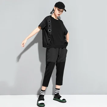 [EAM] Sieviešu Black Dobi No Sadalīt Kopīgo Liela Izmēra T-krekls Jaunu Apaļu Kakla Īsām Piedurknēm Modes Jūra Pavasara Vasaras 2021 1U513