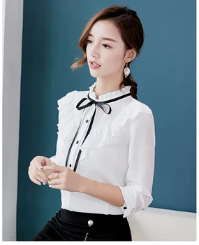 Pavasara 2019 Sieviešu Korejas Balts Krekls Ar Garām Piedurknēm Krekls Ruffles Sieviešu Apģērbu Streetwear Slim Šifona Blūze Elegants Laides Topi