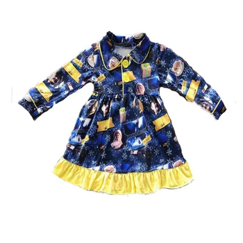 Jaunu karstā pārdošanas maza meitene Ziemassvētku tēmu nightdress blue Santa drukāt dzeltena raibs garām piedurknēm nightdress20