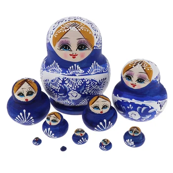 Classic Blue Krievijas Ligzdošanas Lelle Babushka Matryoshka Kraušanas Lelles Komplekts 10 Gabali Ziemassvētki Festivāls Dāvanu, Ziemassvētku Rotājumi
