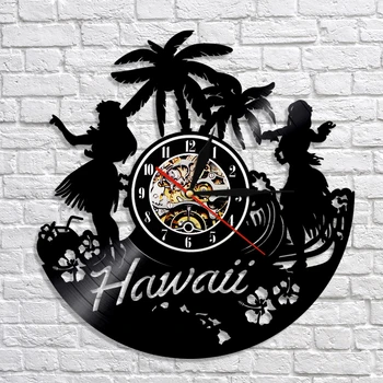 Hawaii Sienas Pulkstenis Havaju Luau Puse Sienas Mākslas Mājas Dekoru Vinila Ieraksts Pulkstenis Havaju Pludmales, Palmu Dekorācijas Vintage Vasaras Ornaments