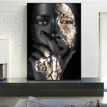 Āfrikas Mākslas Melnā un Zelta Sieviete, Eļļas Glezna uz Audekla Cuadros Plakāti un Izdrukas Skandināvijas Sienas Mākslas Aina Dzīvojamā Istaba
