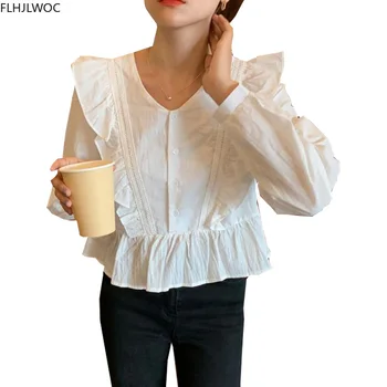 Korejas Šiks Modes Apģērbu Rudens Sieviešu Garām Piedurknēm Cute Salds Meiteņu Mežģīņu Vienu Krūtīm, Ciets Balts Melni Krekli, Topi