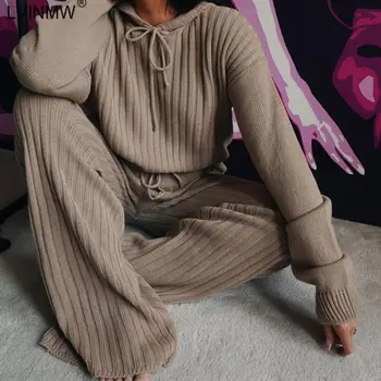 LVINMW Sexy Mežģīņu Augšu, Ribas Trikotāža Cieta Divas Gabals, kas Sievieti Kapuci garām Piedurknēm Top Sieviete Džemperi Augsta Vidukļa Biksēm Streetwear