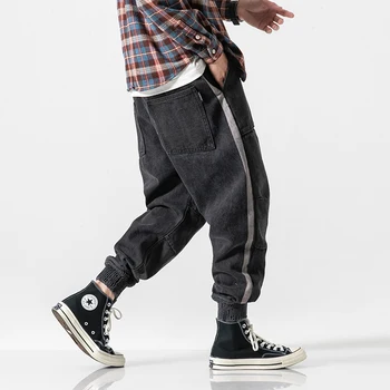 Amerikāņu Streetwear Modes Vīriešu Džinsi Melnā, Pelēkā Loose Fit Džinsa Kravas Harēma Bikses Džinsi Pusē Svītru Hip Hop Džinsi Vīriešu Joggers