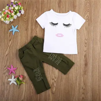 2gab Zīdainis, Mazulis Baby Meitenes apģērbu komplekts Skropstu Topi ar īsām piedurknēm T-krekls +Caurums apģērbs, apģērbu komplekts