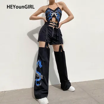 HEYounGIRL Pūķis Drukāt Harajuku Black Kravas Bikses Sievietēm Sprādzi Uz Augšu Dobi No Gadījuma Joggers Modes Augsta Vidukļa Treniņbikses Punk