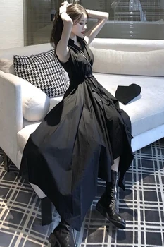 Vasaras Boho sieviete bez piedurknēm kleita Retro vintage Asimetriska Dizainera Blūze Lace-up vidukļa Cietā Melnā, Baltā Midi Pasaku Kleita