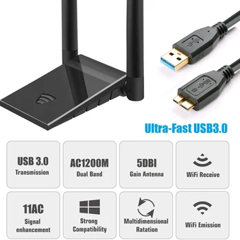 Jauno USB 3.0, WiFi Adapteri AC1200 Dual Band 2.4 GHz 5GHz Bezvadu LAN Tīkla Karte 6dB Iegūt Antenas Wi-Fi Dongle Uztvērēju PC