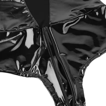 Sieviešu Wetlook Bodystocking PU Ādas Apakšveļa Bodycon Acs Salaist Priekšā Krūtis Backless Teddy Bodysuit Nakts Dejas Clubwear