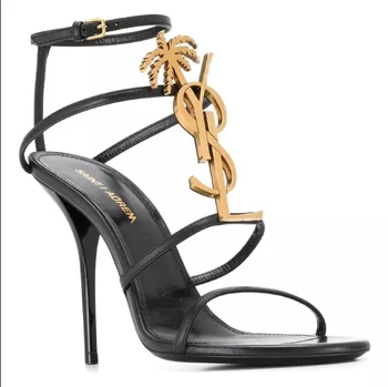 Klasisks ādas dāmas sandales ar metāla IL logo atvērtu purngalu apaļu purngalu 10cm augsta papēža kurpes
