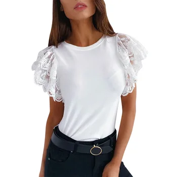 Elegants Mežģīņu Izšūšanas ar Īsām Piedurknēm T-krekls Vasaras Sievietes Melna Balta Gadījuma O-veida Kakla Tshirts Sieviešu Apģērbu 2021 Sieviešu Tunika Topi