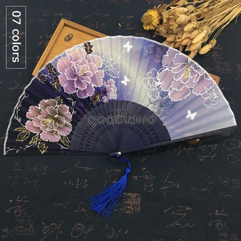 Bezmaksas piegāde 1gb augstas kvalitātes ķīnas dhjana stila ziedu, ziedu, purpura, rozā, zilā zīda bambusa roku ventilatoru kāzu favor