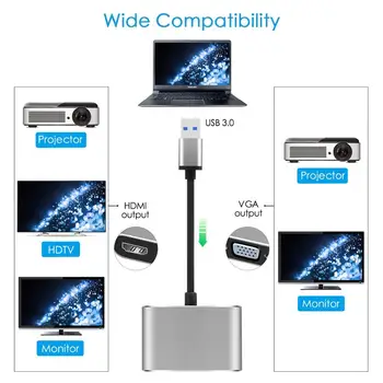 USB3.0 HDMI VGA Adapteris, USB 3.0 uz HDMI Pārveidotājs Atbalsta 1080P HDMI VGA Sync Izejas Windows 10/8/7 Tikai