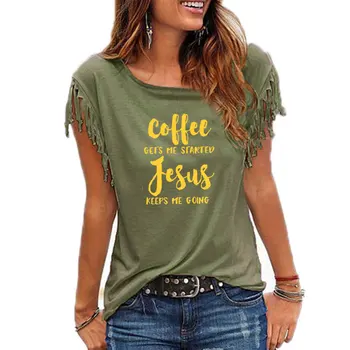 Kafijas Izpaužas Mani Sāka Jēzus Saukli T-Krekls Reliģisko Apģērbu, Stilīgu Kokvilnas Tee Smieklīgi Kristiešu Bībeles verse Grapjic Augšu