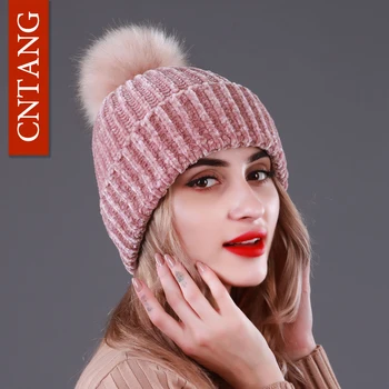 CNTANG Adītas Mākslīgās Jenots Kažokādas Pompom Par Sieviešu Cepures Ziemas Siltas Cepures Modes Skullies Beanies Gadījuma Sieviešu Cepure Augstas Kvalitātes