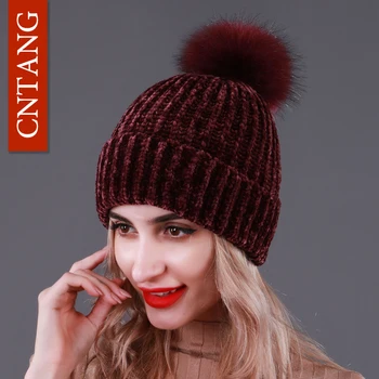 CNTANG Adītas Mākslīgās Jenots Kažokādas Pompom Par Sieviešu Cepures Ziemas Siltas Cepures Modes Skullies Beanies Gadījuma Sieviešu Cepure Augstas Kvalitātes